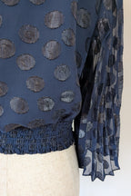 Wayne Cooper Navy Black Polka Dot Pleated Fan Sleeve Wrap Top Size 10