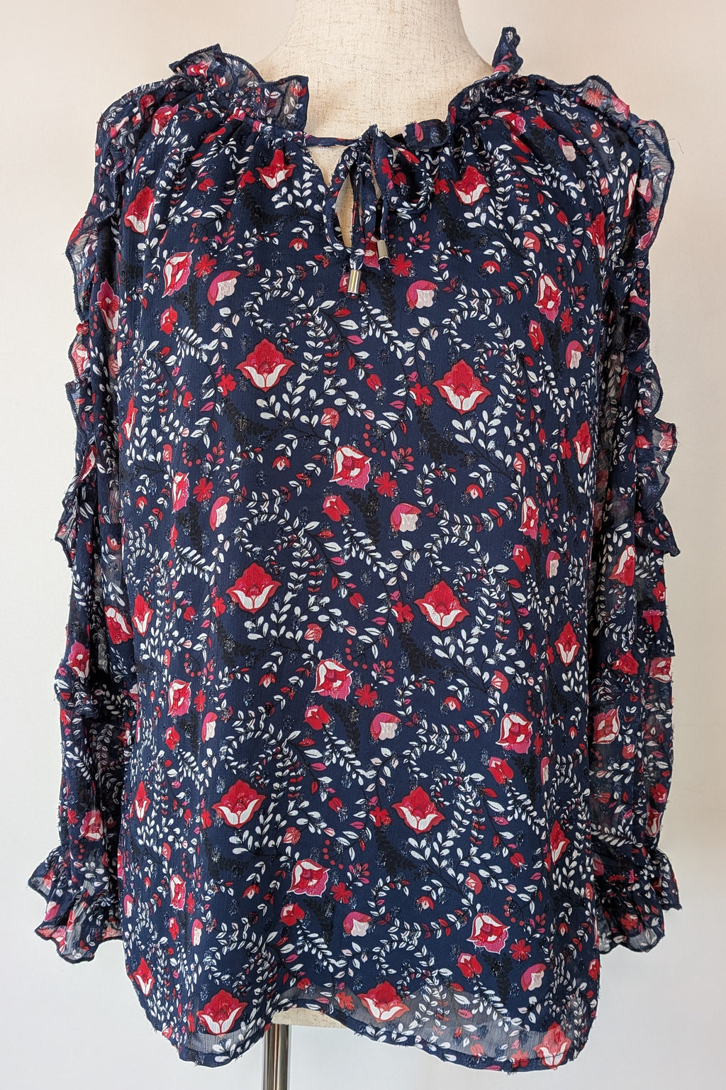 Liz Jordan Designer Collection Frill Trim Lurex Printed Top in Midnight Size 8 BNWT RRP $139.99