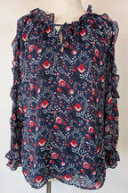 Liz Jordan Designer Collection Frill Trim Lurex Printed Top in Midnight Size 8 BNWT RRP $139.99
