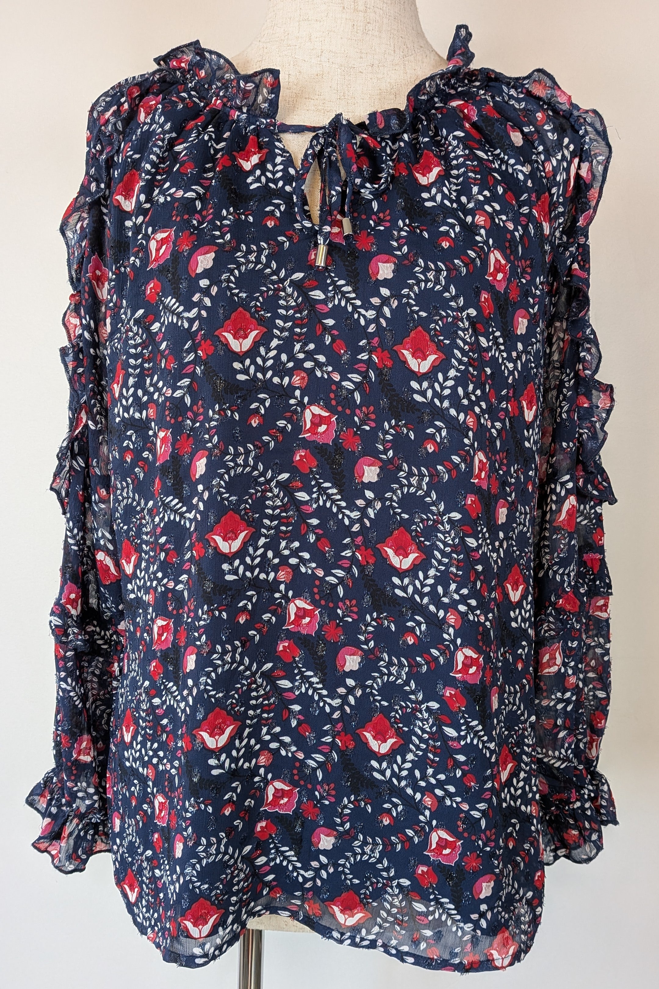 Liz Jordan Frill Trim Lurex Printed Top in Midnight Size 8 Brand New With Tags RRP $139.99