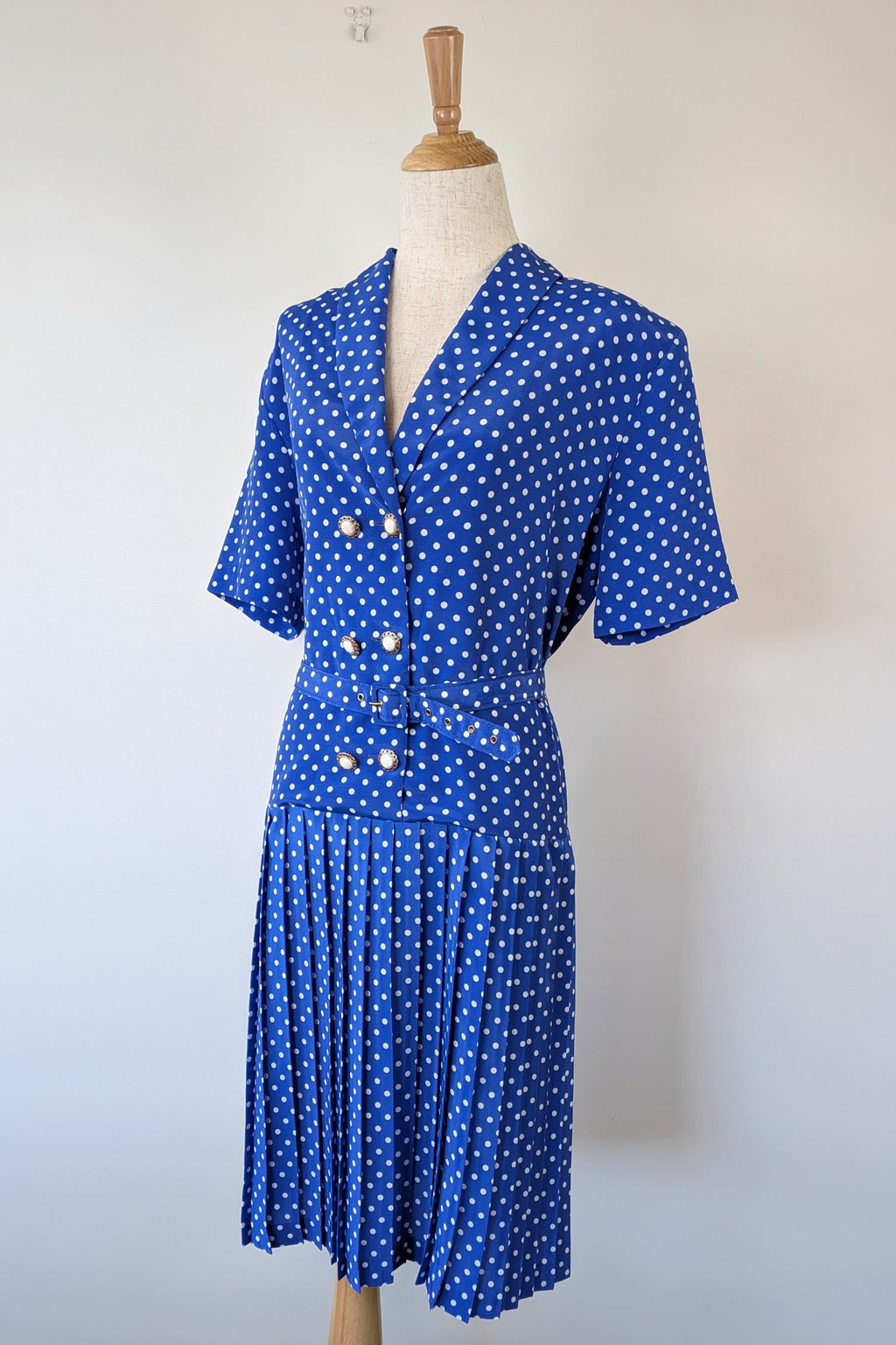 Vintage 80s Today's Classics Blue & White Polka Dot Pleated Tea Dress Size 12