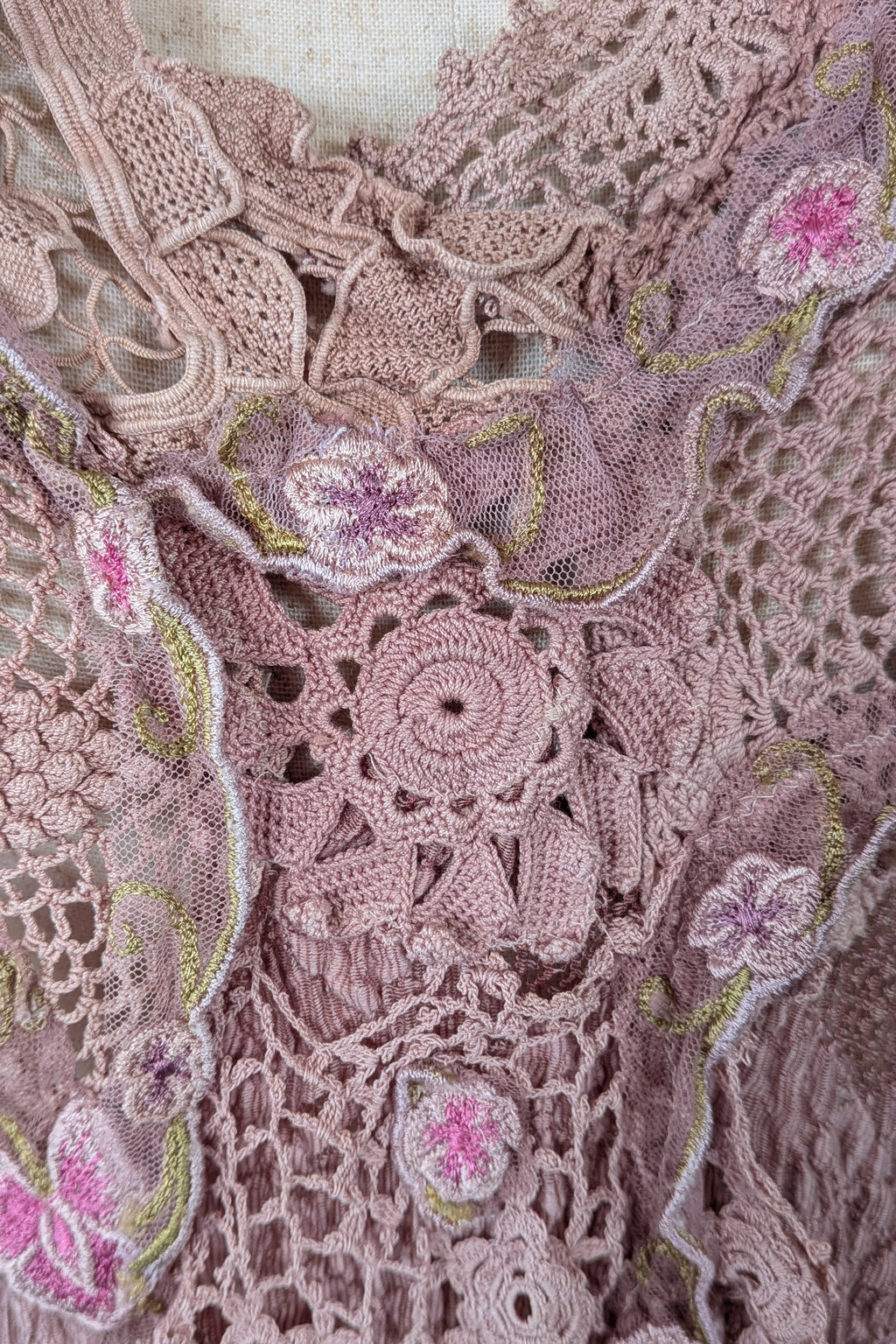 Lace Palace Antique Lace Crochet Pink Fairycore Tunic Top Size S/M