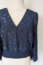 Wayne Cooper Navy Black Polka Dot Pleated Fan Sleeve Wrap Top Size 10