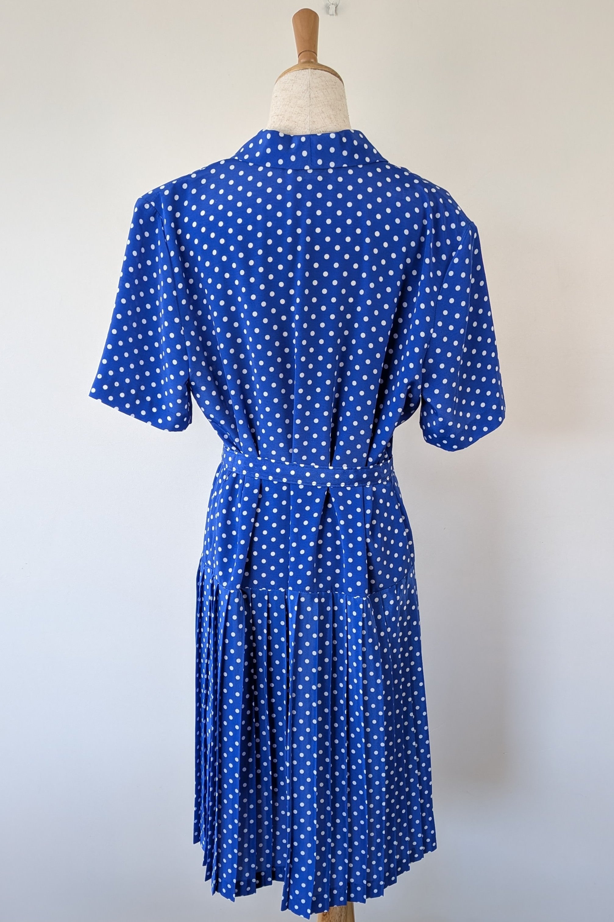 Vintage 80s Today's Classics Blue & White Polka Dot Pleated Tea Dress Size 12