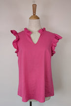 Liz Jordan Ruffle Sleeve Linen Top in Raspberry Rose Size 8 BNWT RRP $89.99