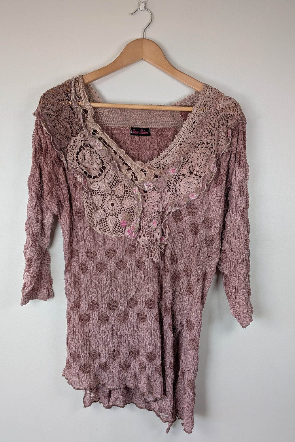 Lace Palace Antique Lace Crochet Pink Fairycore Tunic Top Size S/M