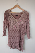 Lace Palace Antique Lace Crochet Pink Fairycore Tunic Top Size S/M