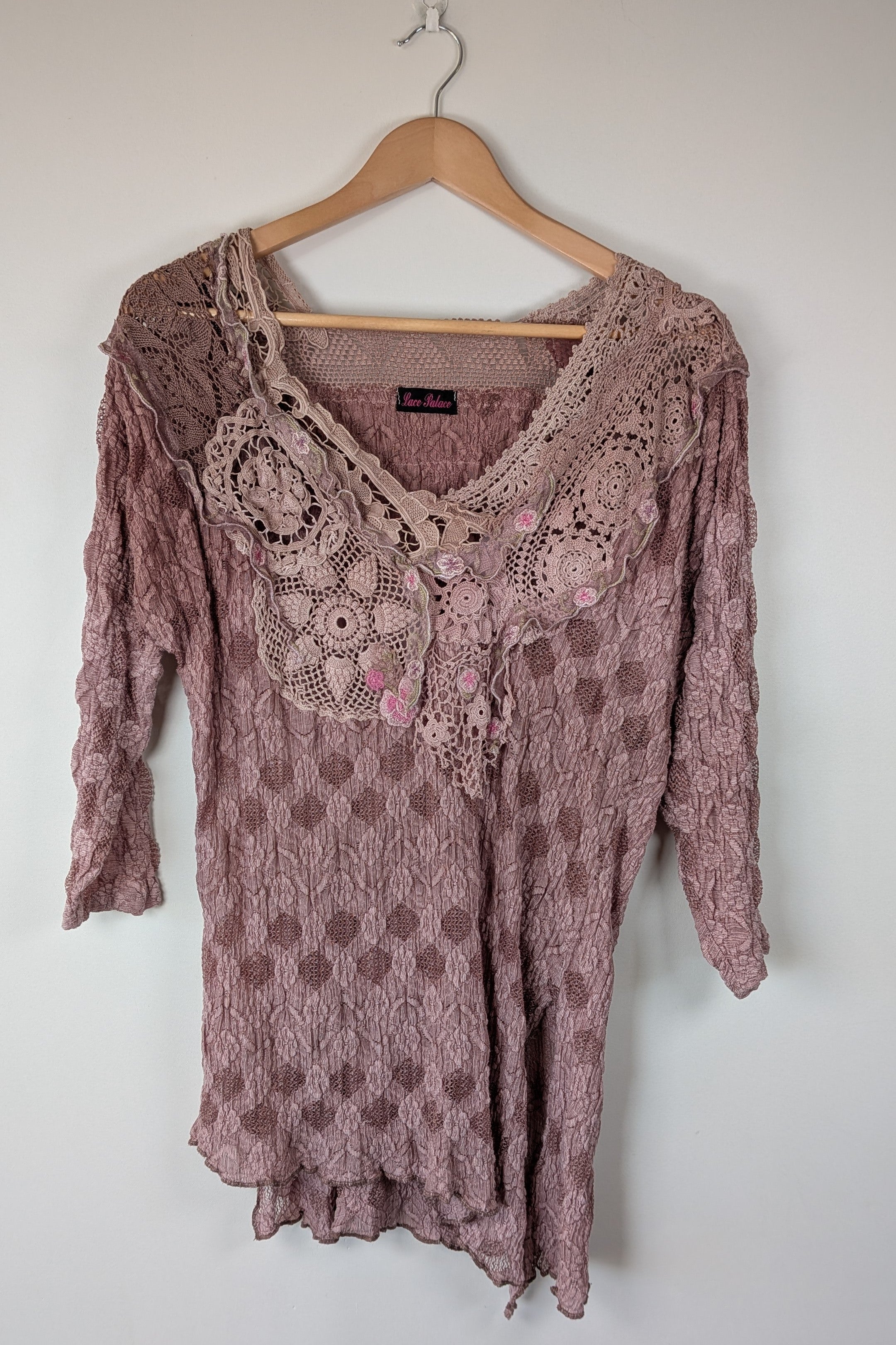 Lace Palace Antique Lace Crochet Pink Fairycore Tunic Top Size S/M
