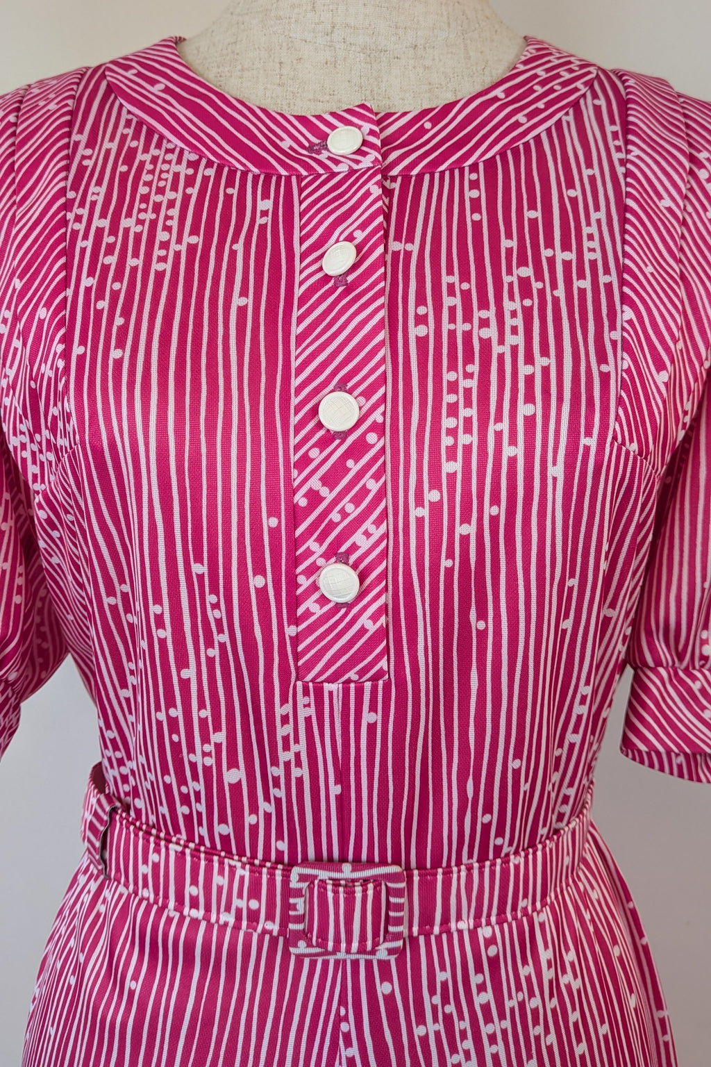 Vintage 80s Debra Fashions Melbourne Pink & White Abstract Pattern Shirtwaister Dress Size 10/12