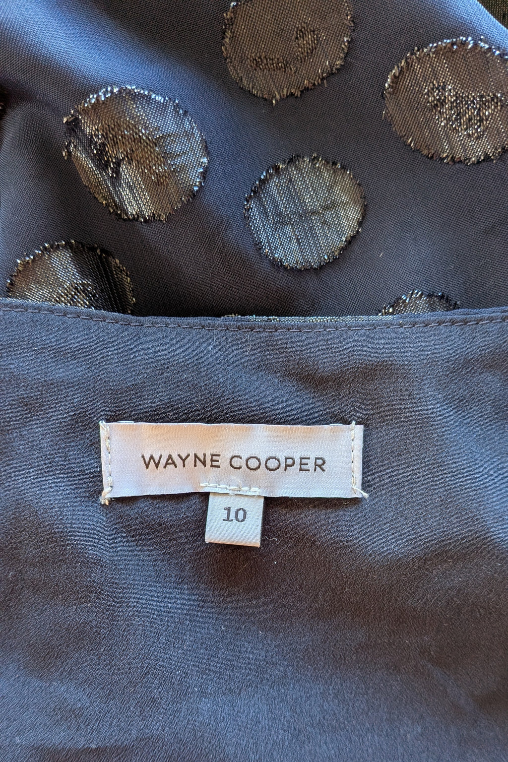 Wayne Cooper Navy Black Polka Dot Pleated Fan Sleeve Wrap Top Size 10