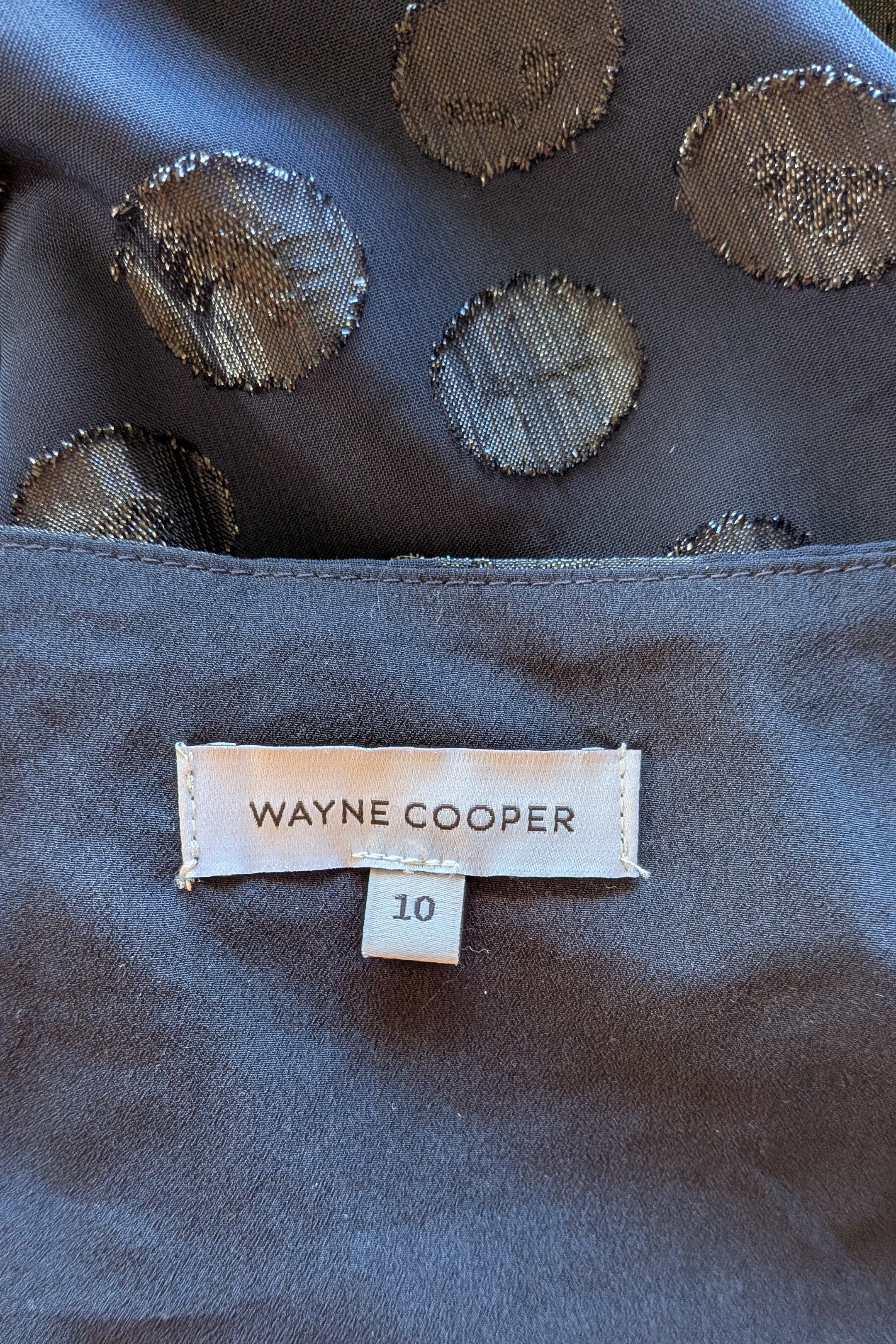 Wayne Cooper Navy Black Polka Dot Pleated Fan Sleeve Wrap Top Size 10