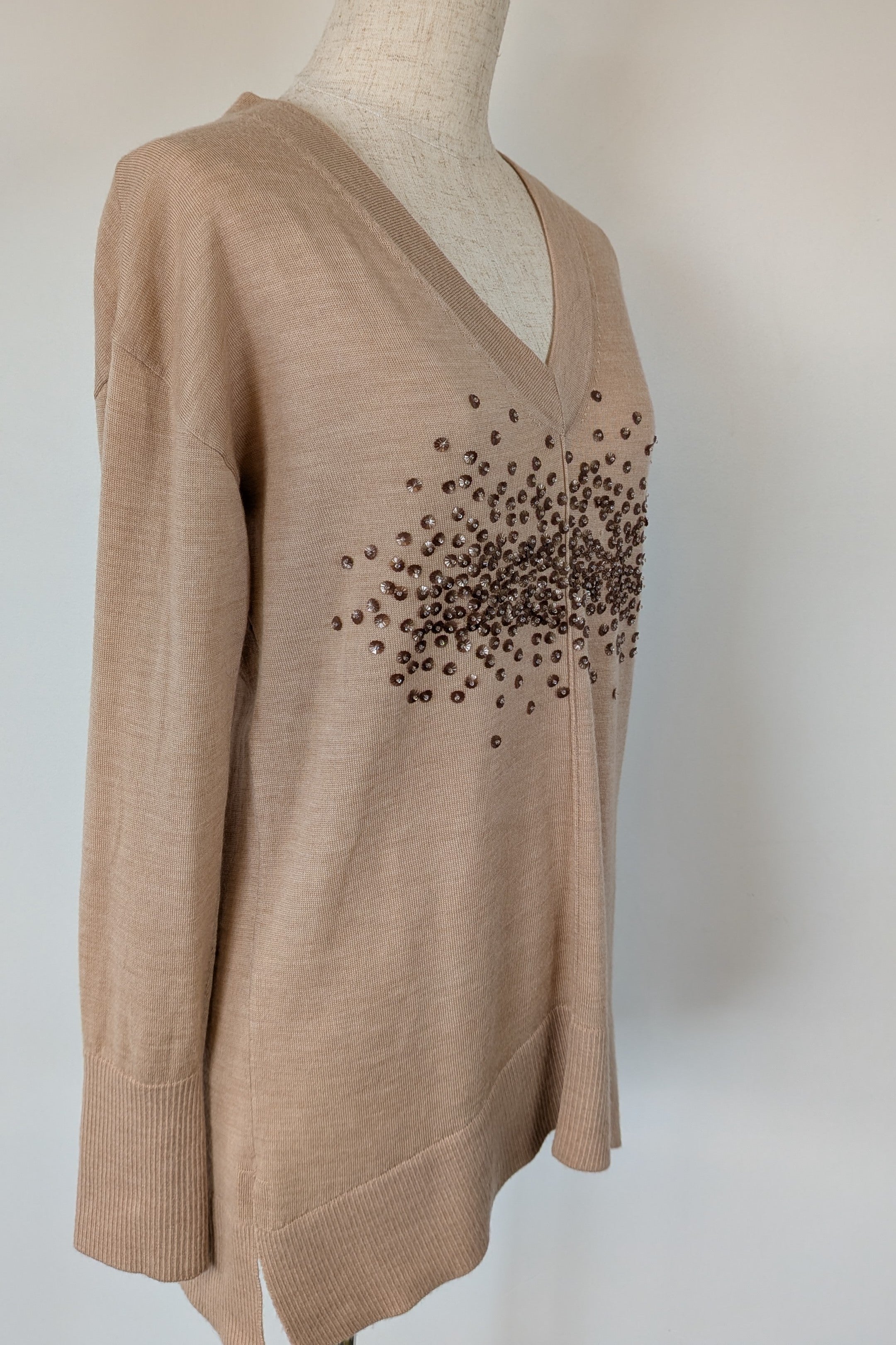 Witchery 100% Merino Wool Champagne Sequin Bead Detail Jumper Size XS