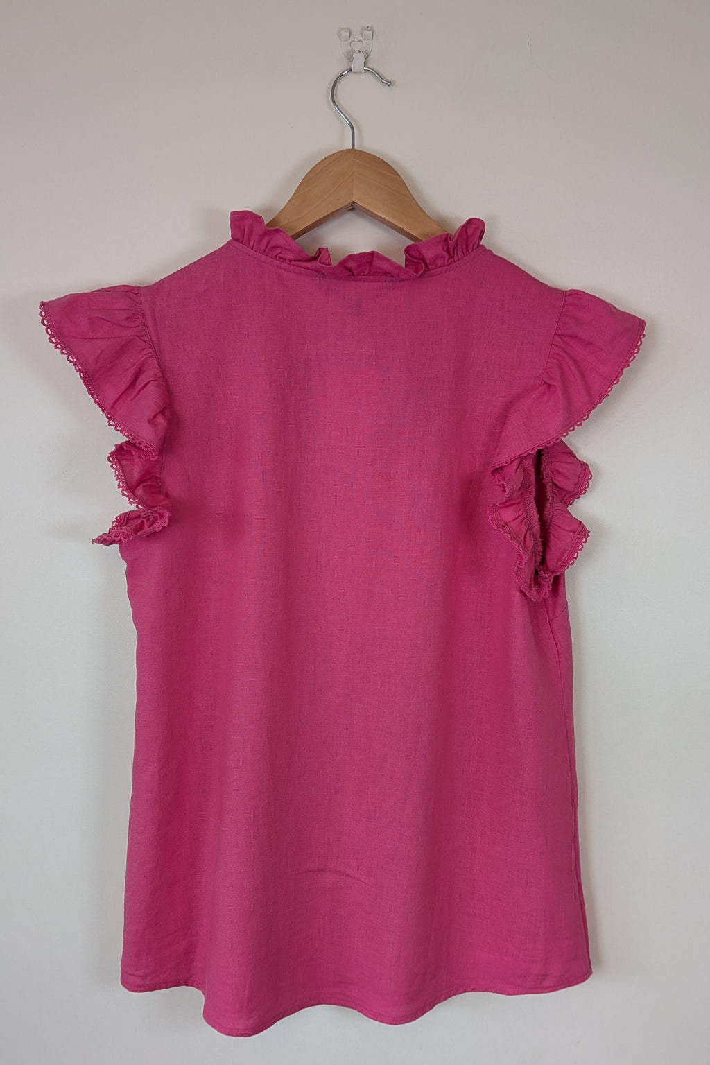 Liz Jordan Ruffle Sleeve Linen Top in Raspberry Rose Size 8 BNWT RRP $89.99