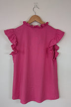 Liz Jordan Ruffle Sleeve Linen Top in Raspberry Rose Size 8 BNWT RRP $89.99