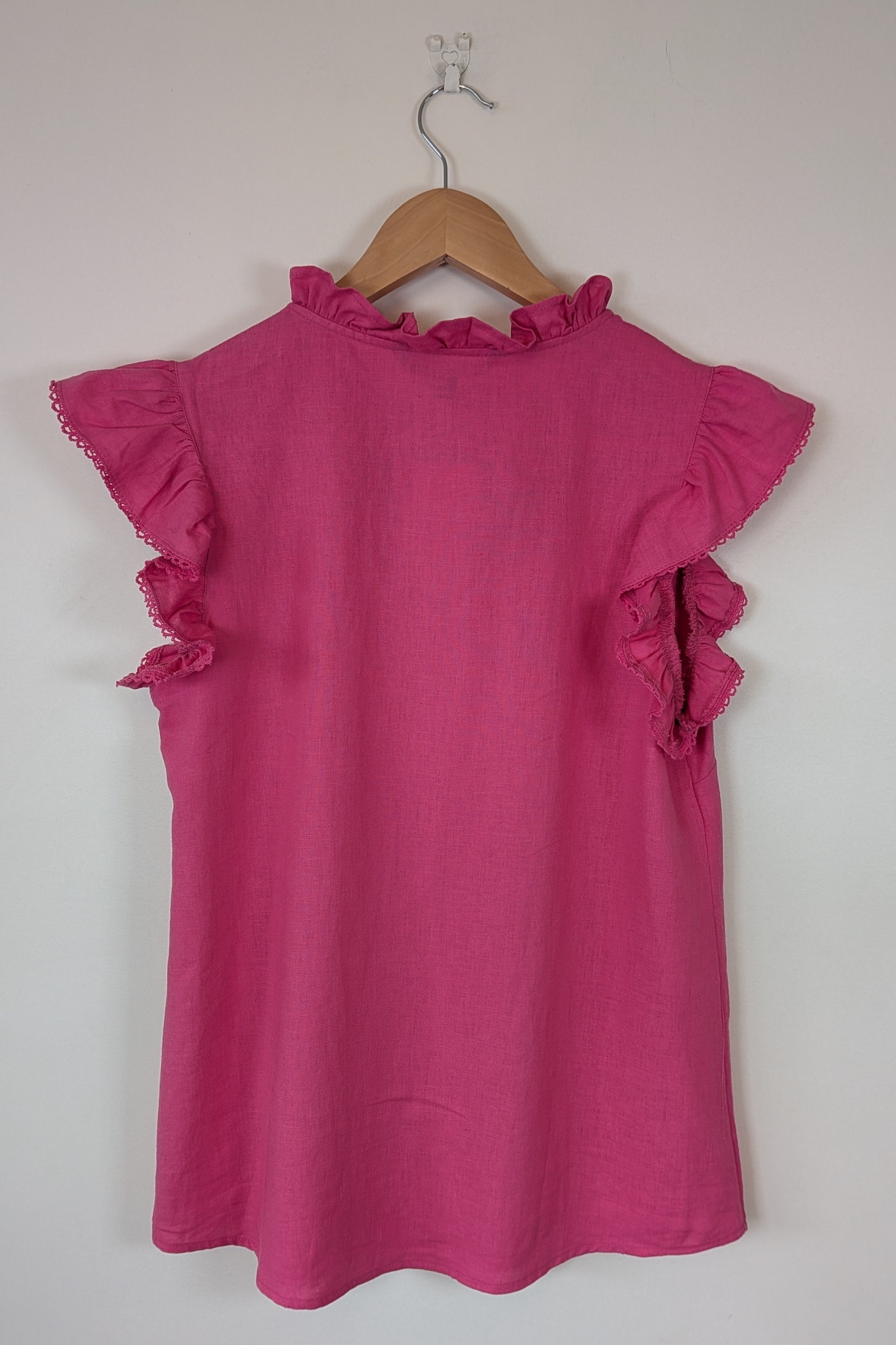Liz Jordan Ruffle Sleeve Linen Top in Raspberry Rose Size 8 BNWT RRP $89.99