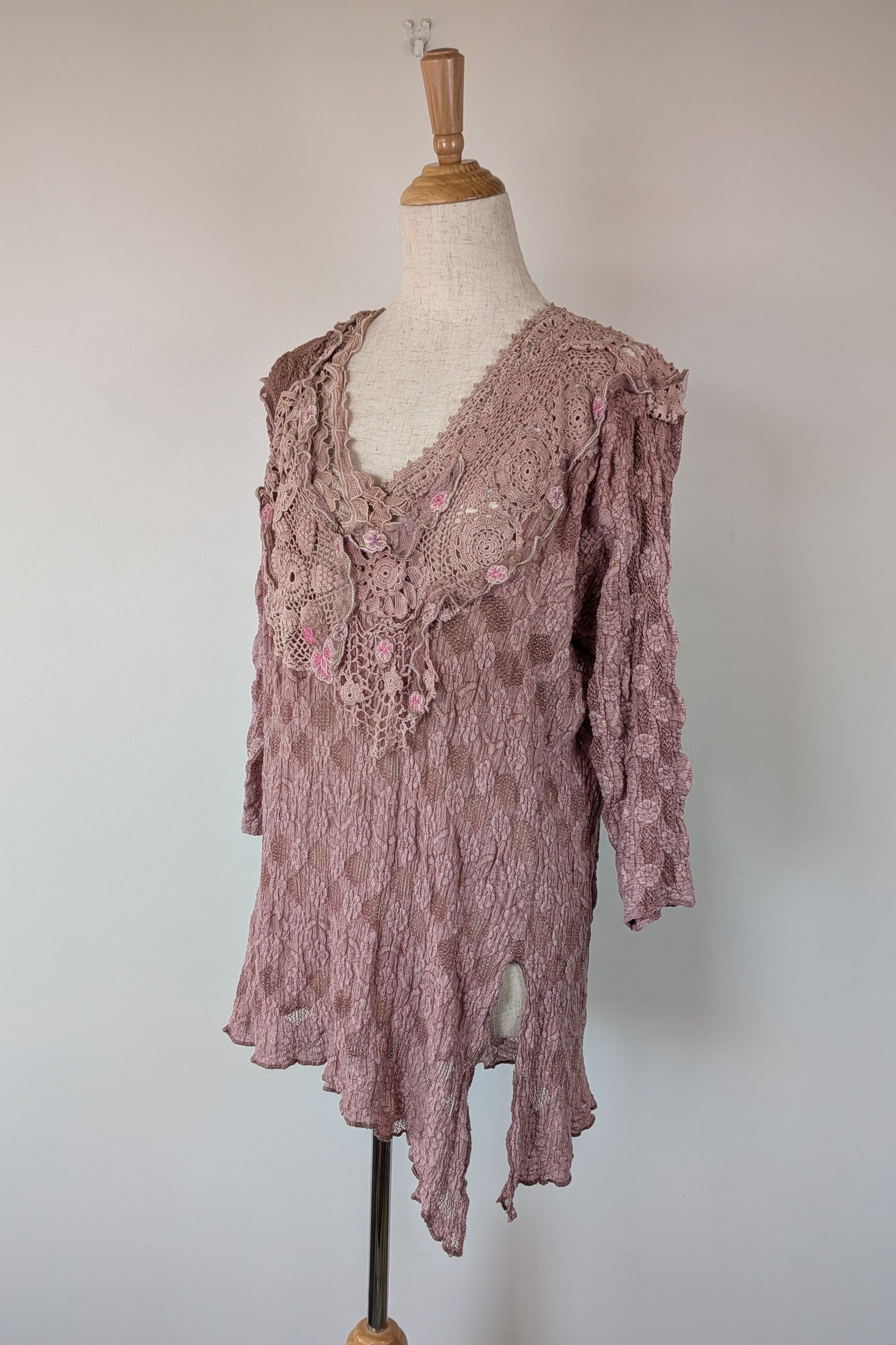 Lace Palace Antique Lace Crochet Pink Fairycore Tunic Top Size S/M