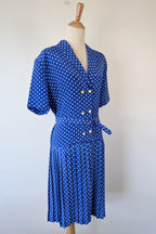 Vintage 80s Today's Classics Blue & White Polka Dot Pleated Tea Dress Size 12