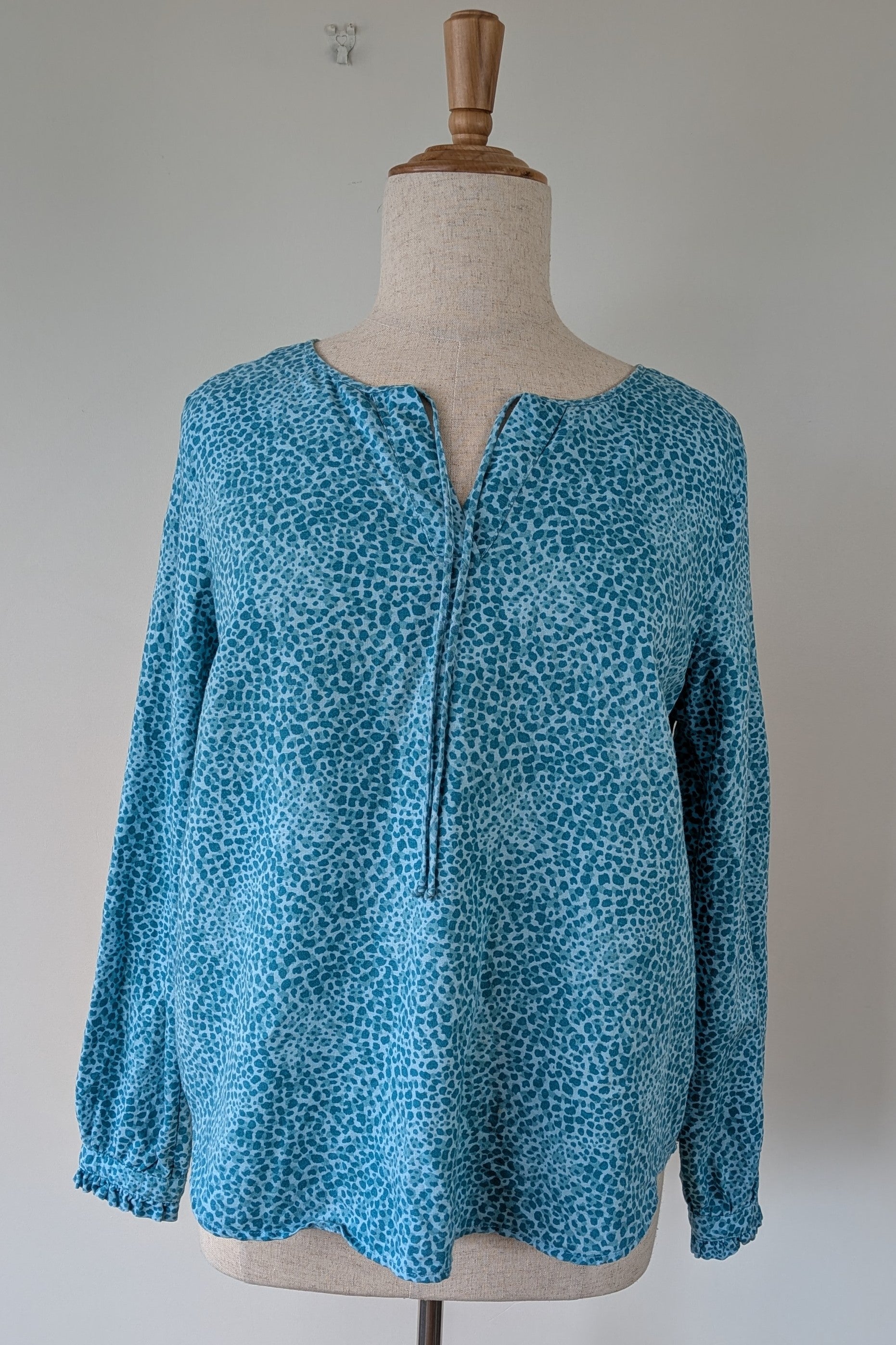 RB Sellars Teal Leopard Print Linen Blend Shirt Size 16