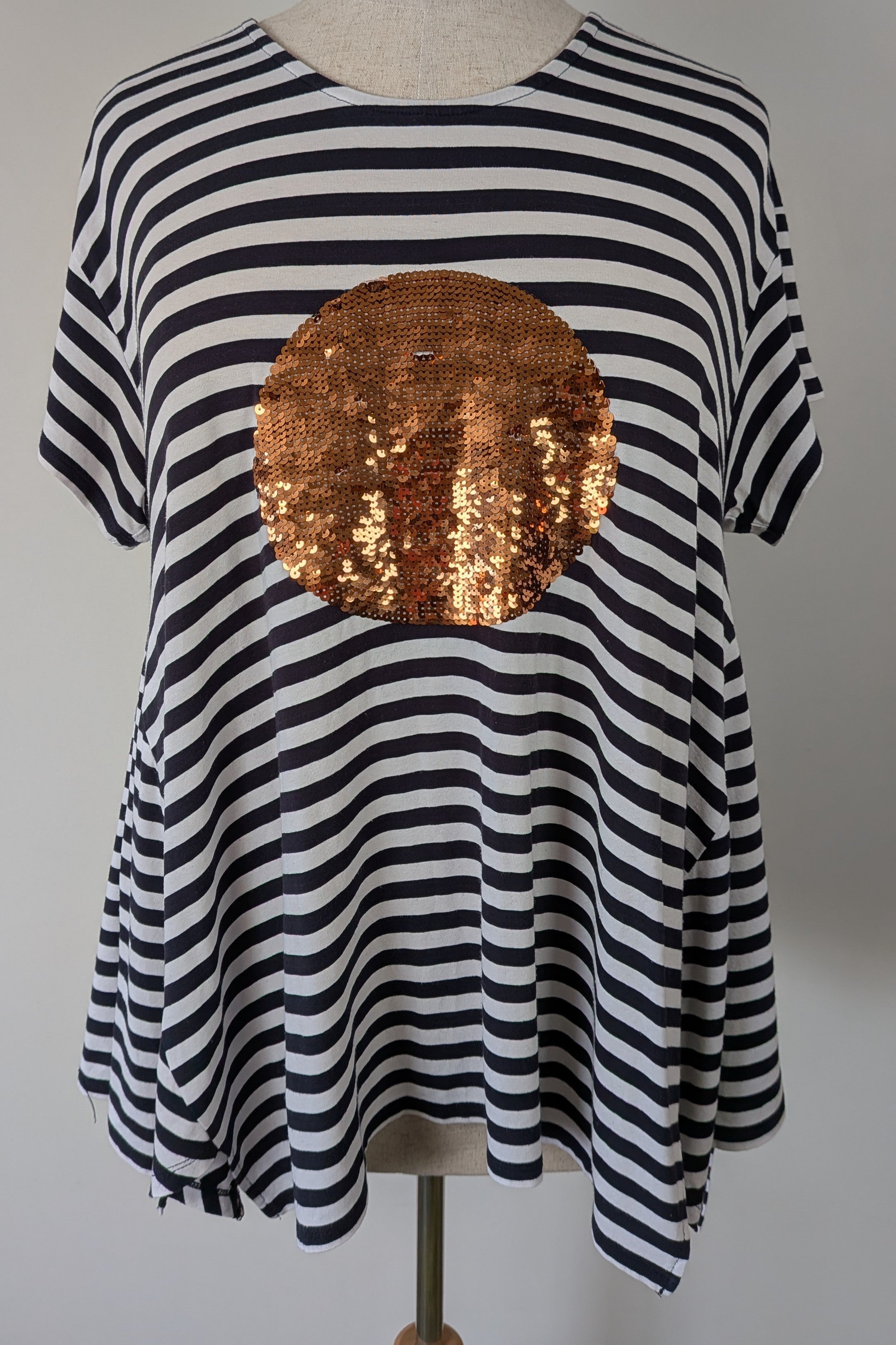 Virtuelle Gold Sequin Spot Stripe Handkerchief Hem Top Size XS