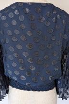 Wayne Cooper Navy Black Polka Dot Pleated Fan Sleeve Wrap Top Size 10