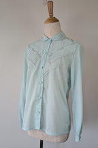 Vintage 70s Robert Lin International Blue Embroidered Blouse Size 10