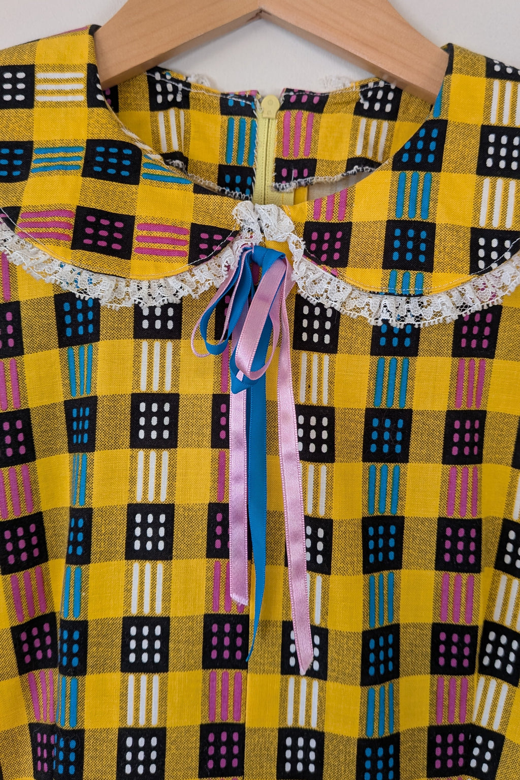 Vintage 70s Handmade Yellow Plaid Fit and Flare Midi Dress Size 4