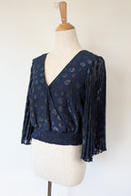Wayne Cooper Navy Black Polka Dot Pleated Fan Sleeve Wrap Top Size 10