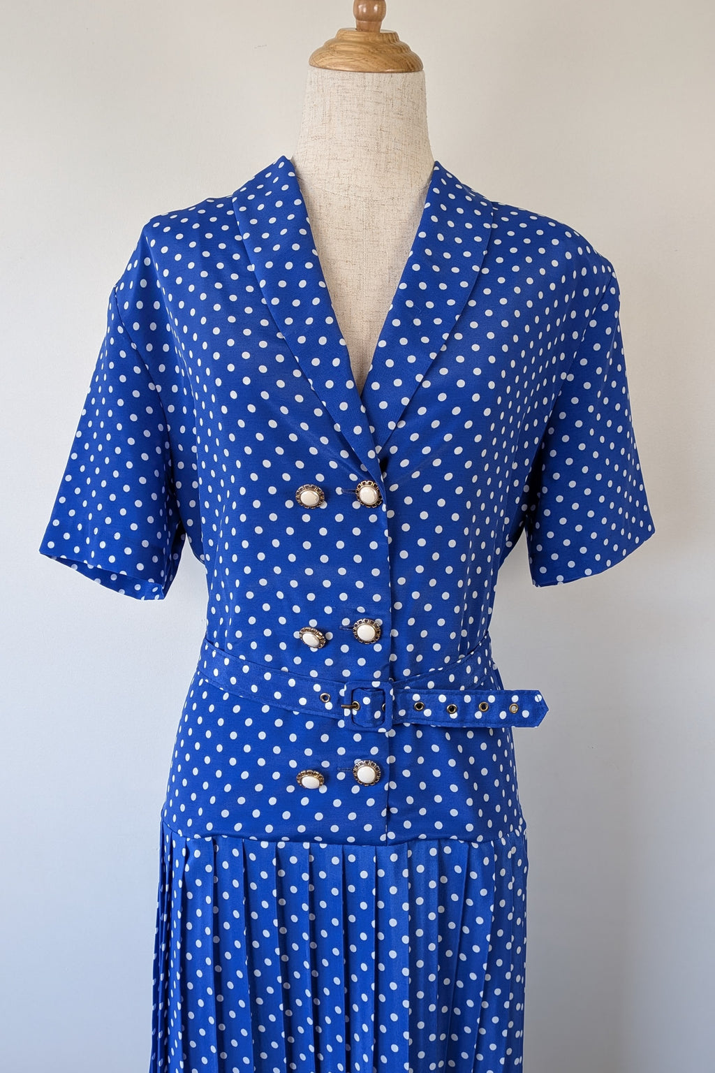 Vintage 80s Today's Classics Blue & White Polka Dot Pleated Tea Dress Size 12