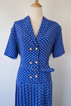 Vintage 80s Today's Classics Blue & White Polka Dot Pleated Tea Dress Size 12