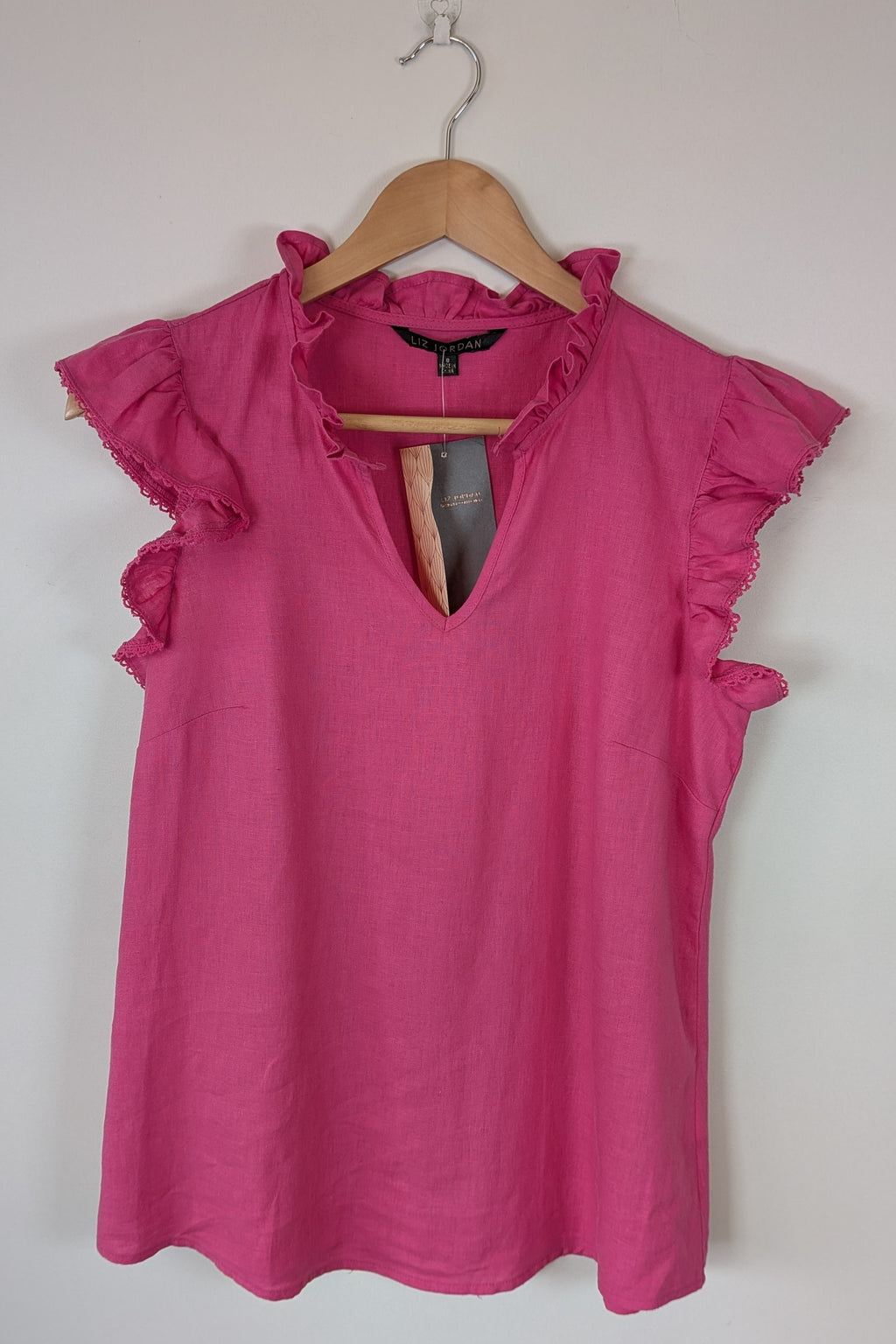 Liz Jordan Ruffle Sleeve Linen Top in Raspberry Rose Size 8 BNWT RRP $89.99