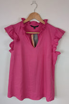 Liz Jordan Ruffle Sleeve Linen Top in Raspberry Rose Size 8 BNWT RRP $89.99