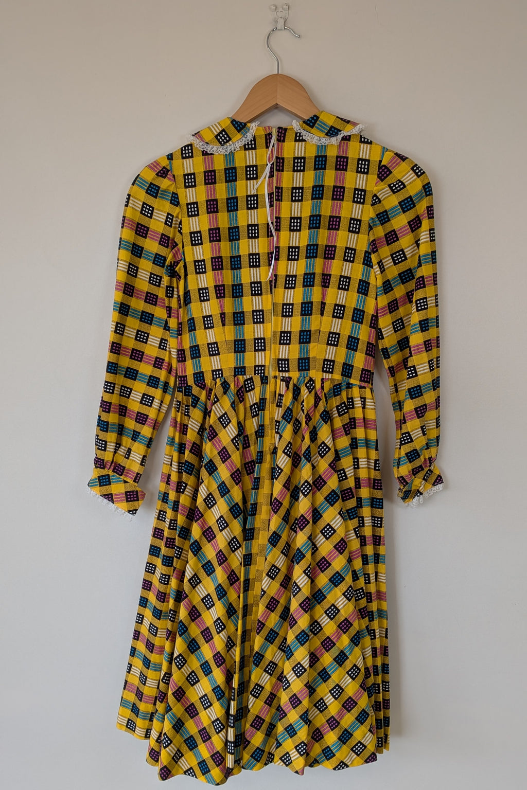 Vintage 70s Handmade Yellow Plaid Fit and Flare Midi Dress Size 4