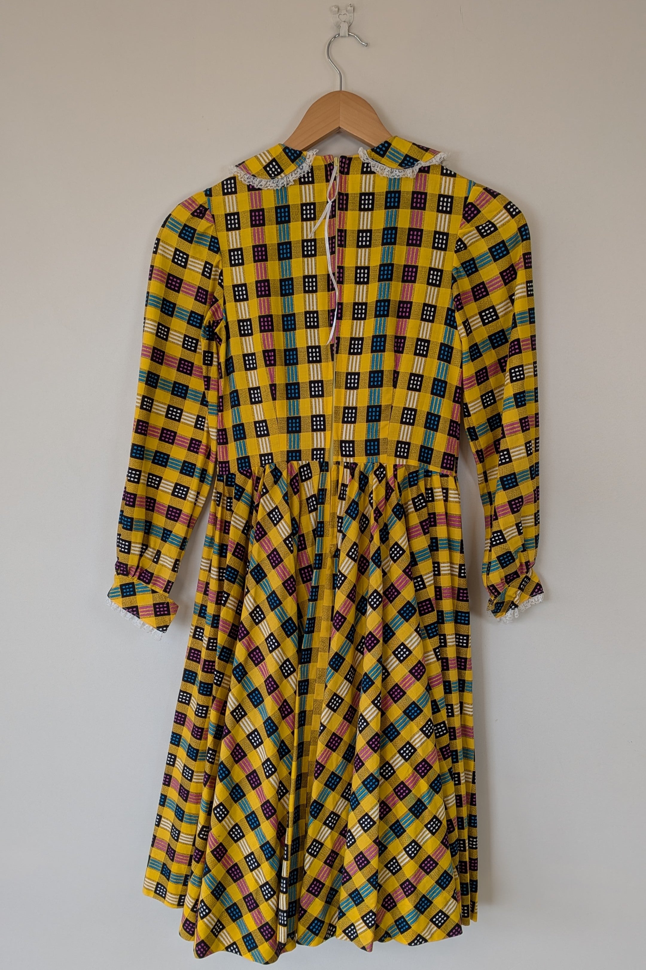 Vintage 70s Handmade Yellow Plaid Fit and Flare Midi Dress Size 4