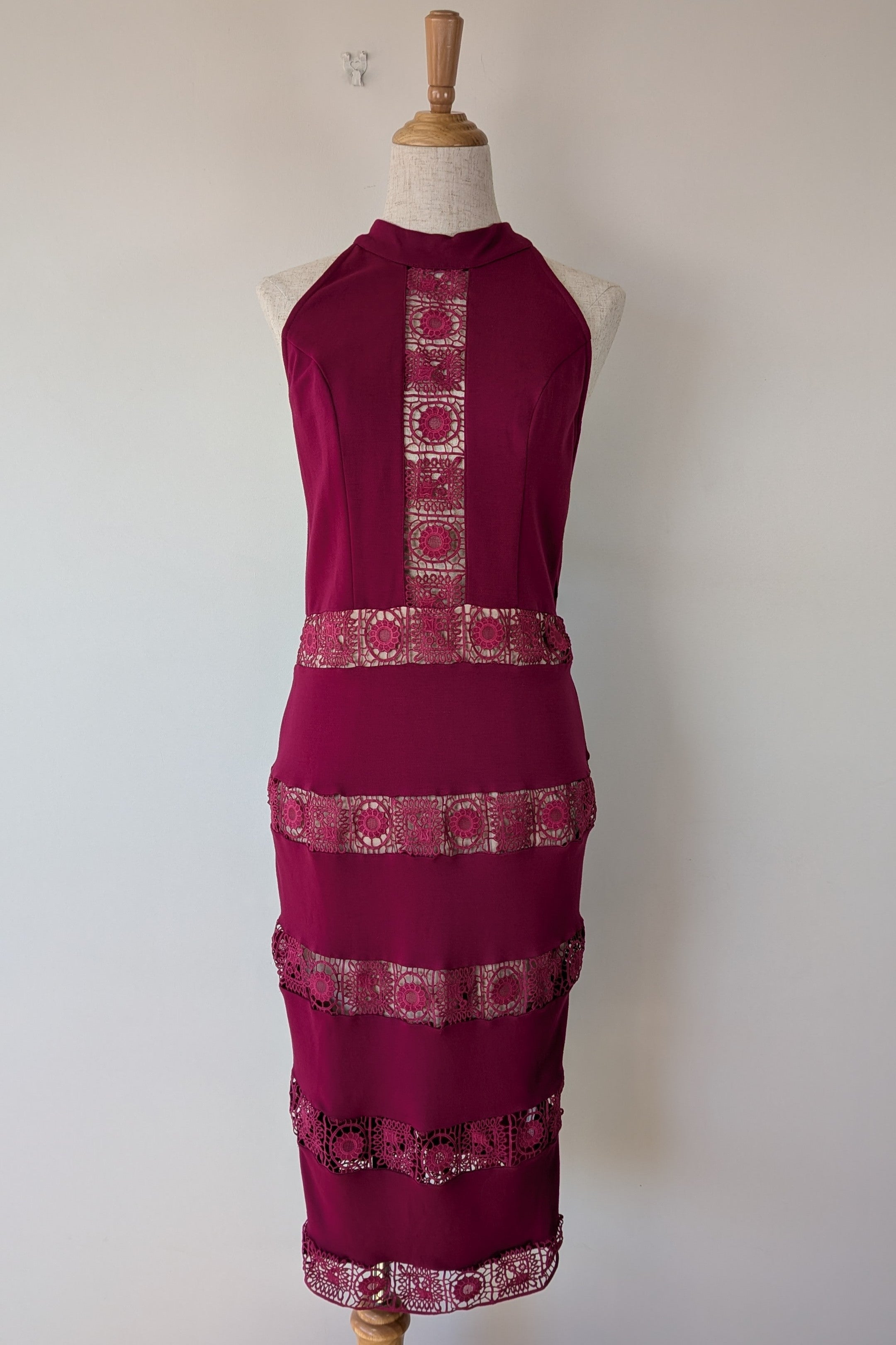 Indikah Burgandy Nude Lace Cut Out Halterneck Bodycon Dress Size 12 Brand New Without Tags