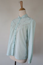 Vintage 70s Robert Lin International Blue Embroidered Blouse Size 10