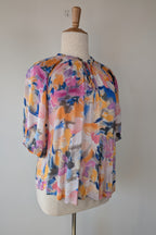 Blue Illusion Painterly Floral Print Peasant Shirt Size L