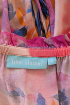 Blue Illusion Painterly Floral Print Peasant Shirt Size L