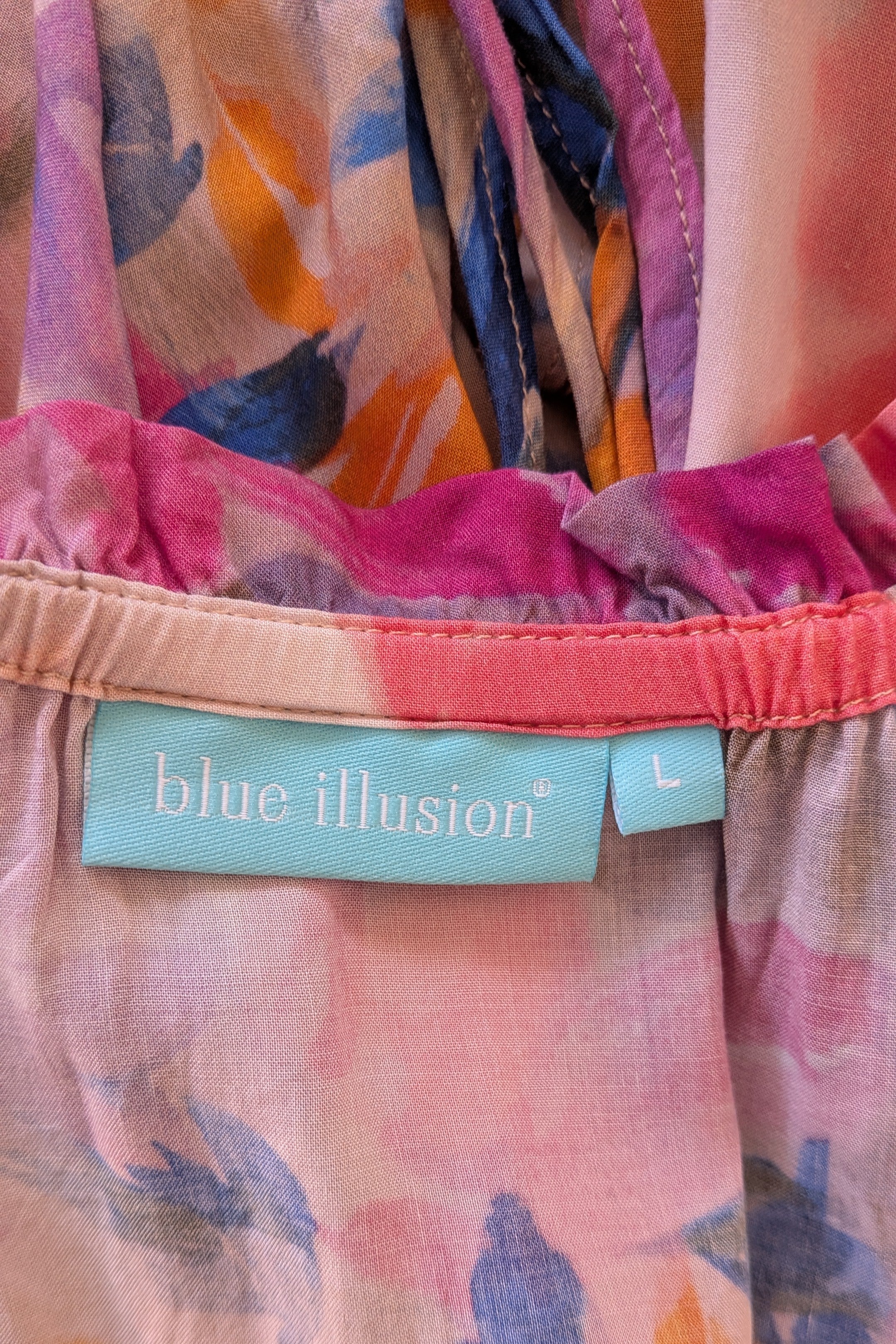 Blue Illusion Painterly Floral Print Peasant Shirt Size L