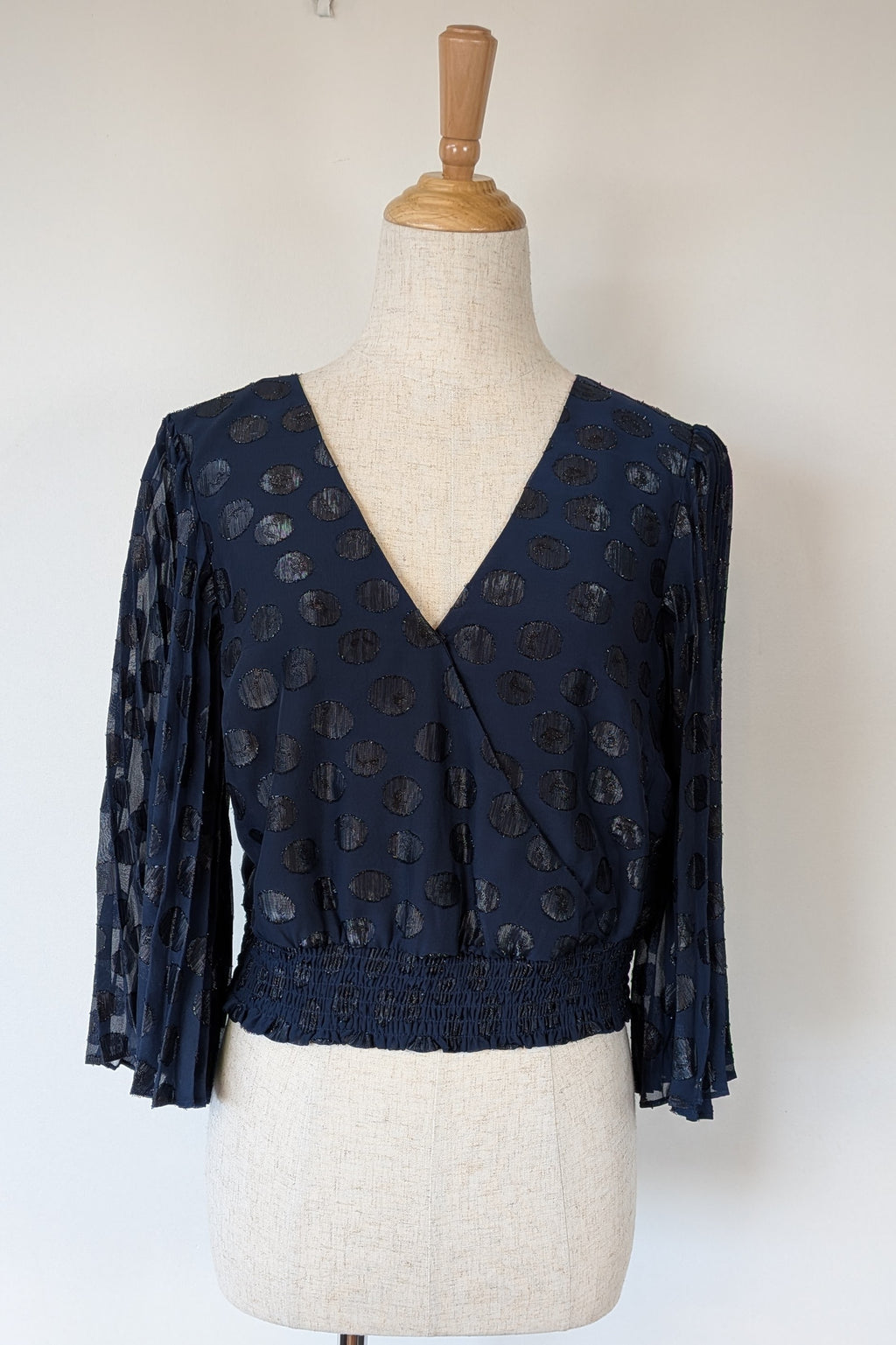 Wayne Cooper Navy Black Polka Dot Pleated Fan Sleeve Wrap Top Size 10