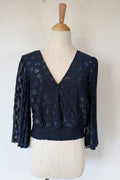 Wayne Cooper Navy Black Polka Dot Pleated Fan Sleeve Wrap Top Size 10