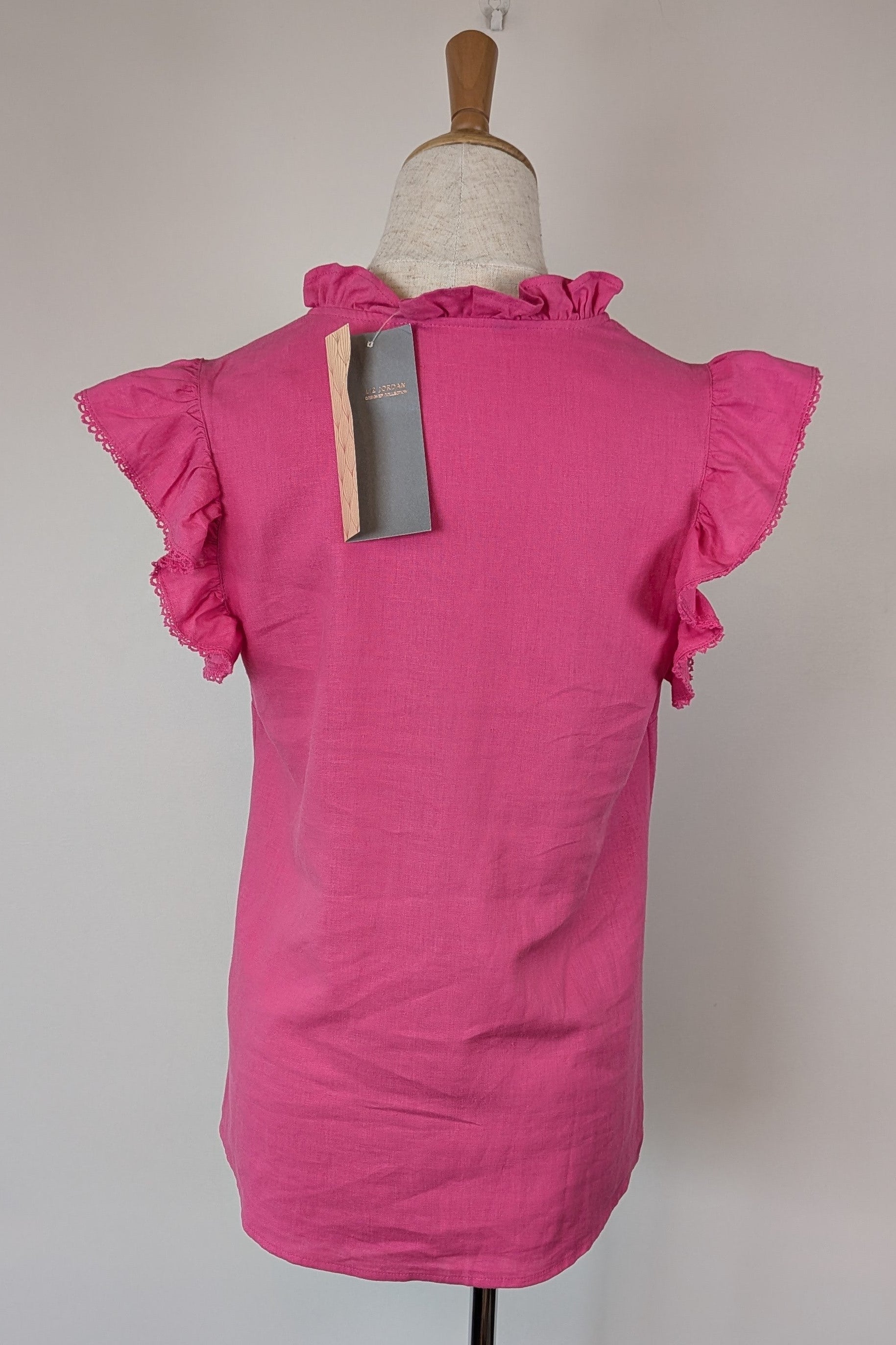 Liz Jordan Ruffle Sleeve Linen Top in Raspberry Rose Size 8 BNWT RRP $89.99