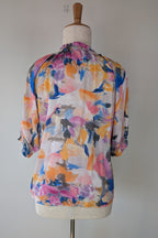 Blue Illusion Painterly Floral Print Peasant Shirt Size L