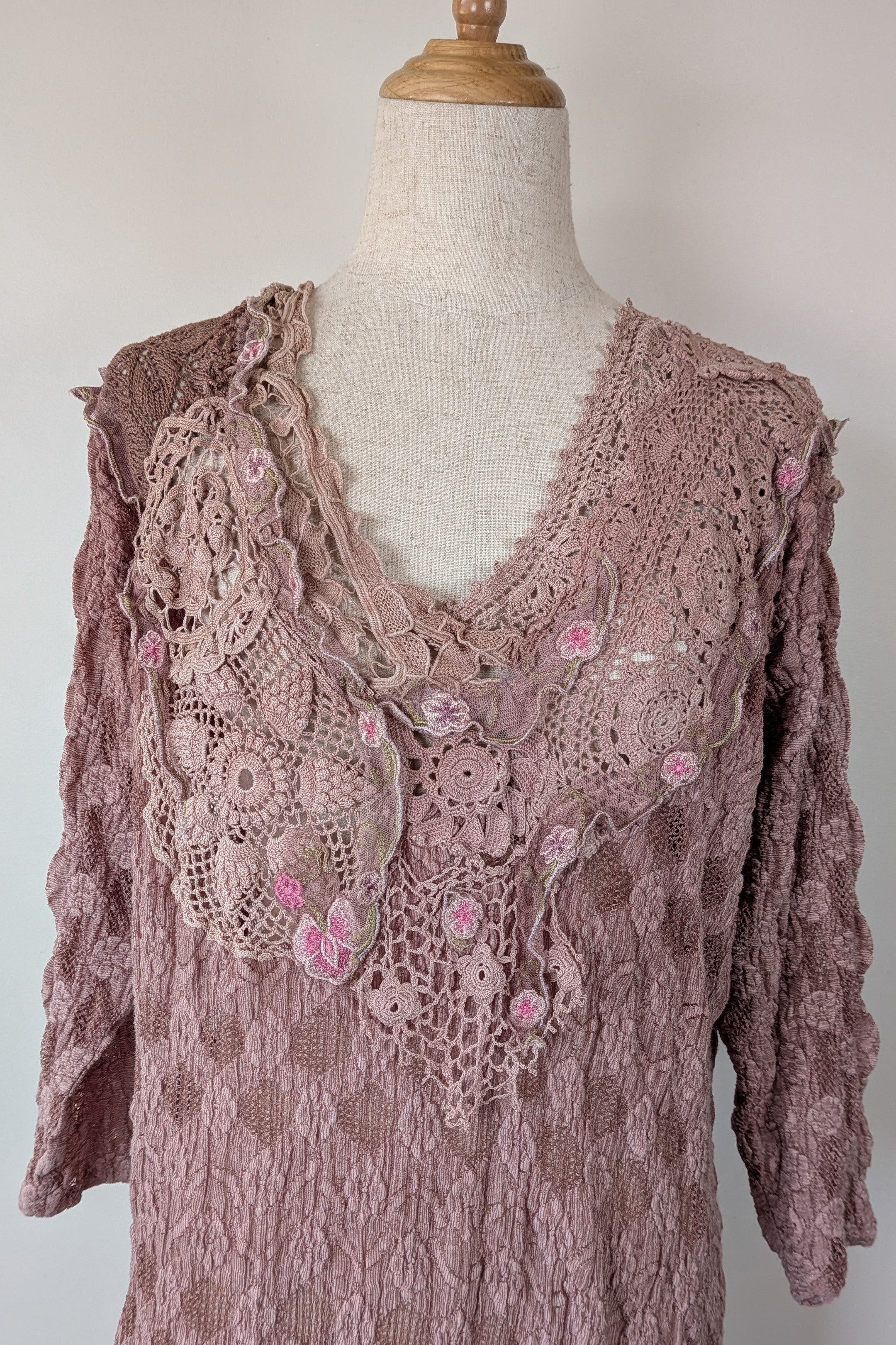 Lace Palace Antique Lace Crochet Pink Fairycore Tunic Top Size S/M