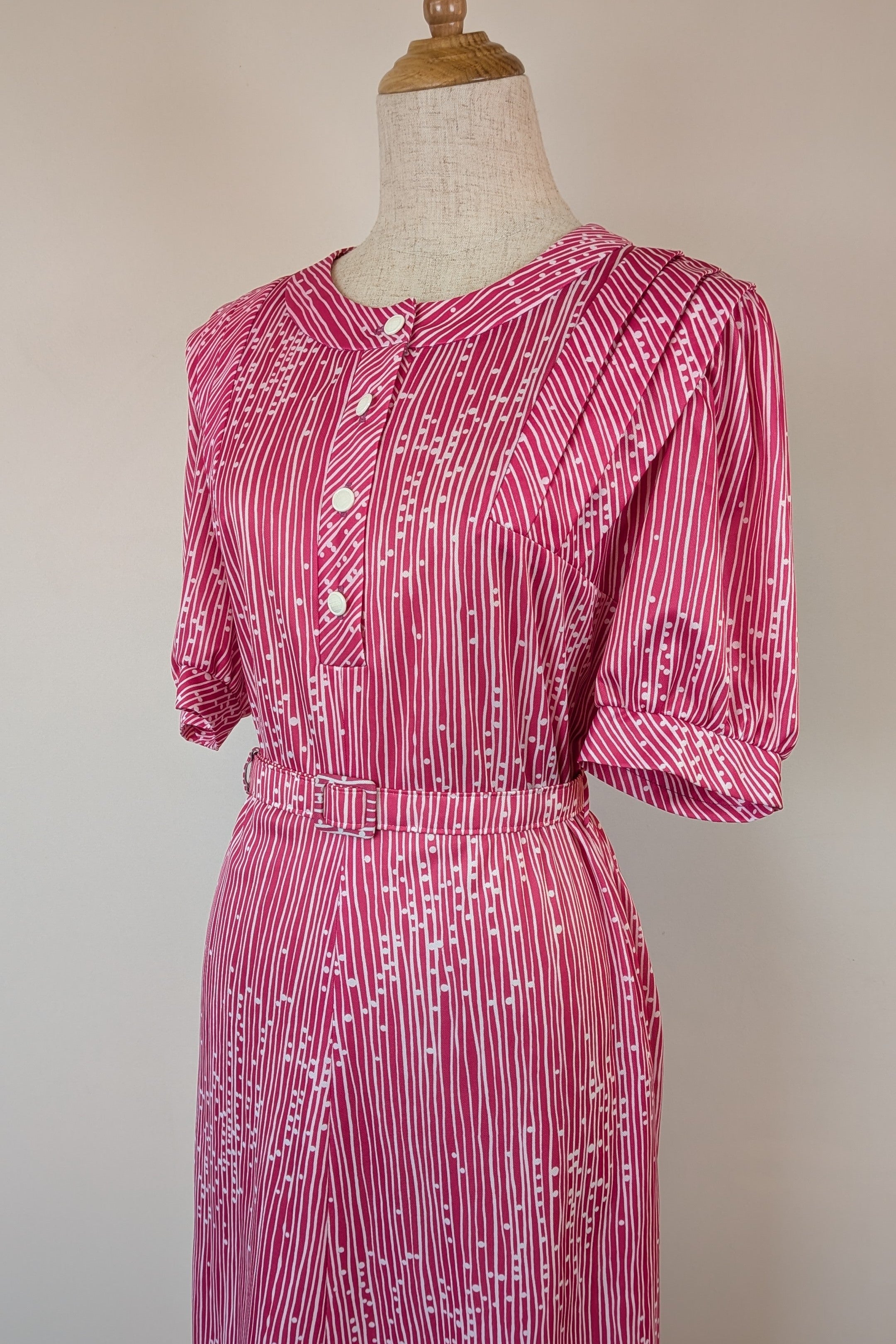 Vintage 80s Debra Fashions Melbourne Pink & White Abstract Pattern Shirtwaister Dress Size 10/12