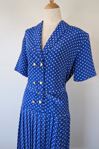 Vintage 80s Today's Classics Blue & White Polka Dot Pleated Tea Dress Size 12