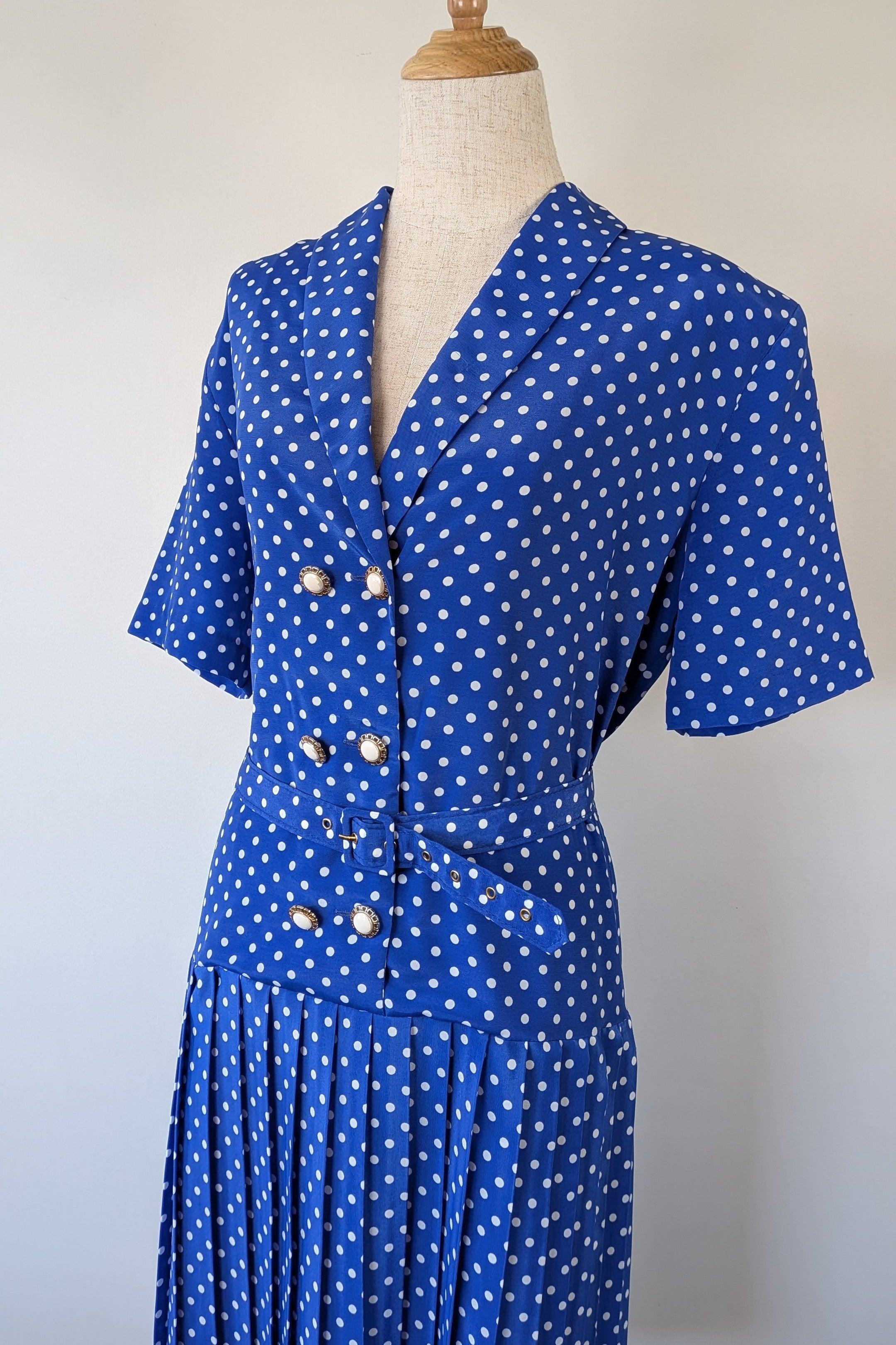 Vintage 80s Today's Classics Blue & White Polka Dot Pleated Tea Dress Size 12