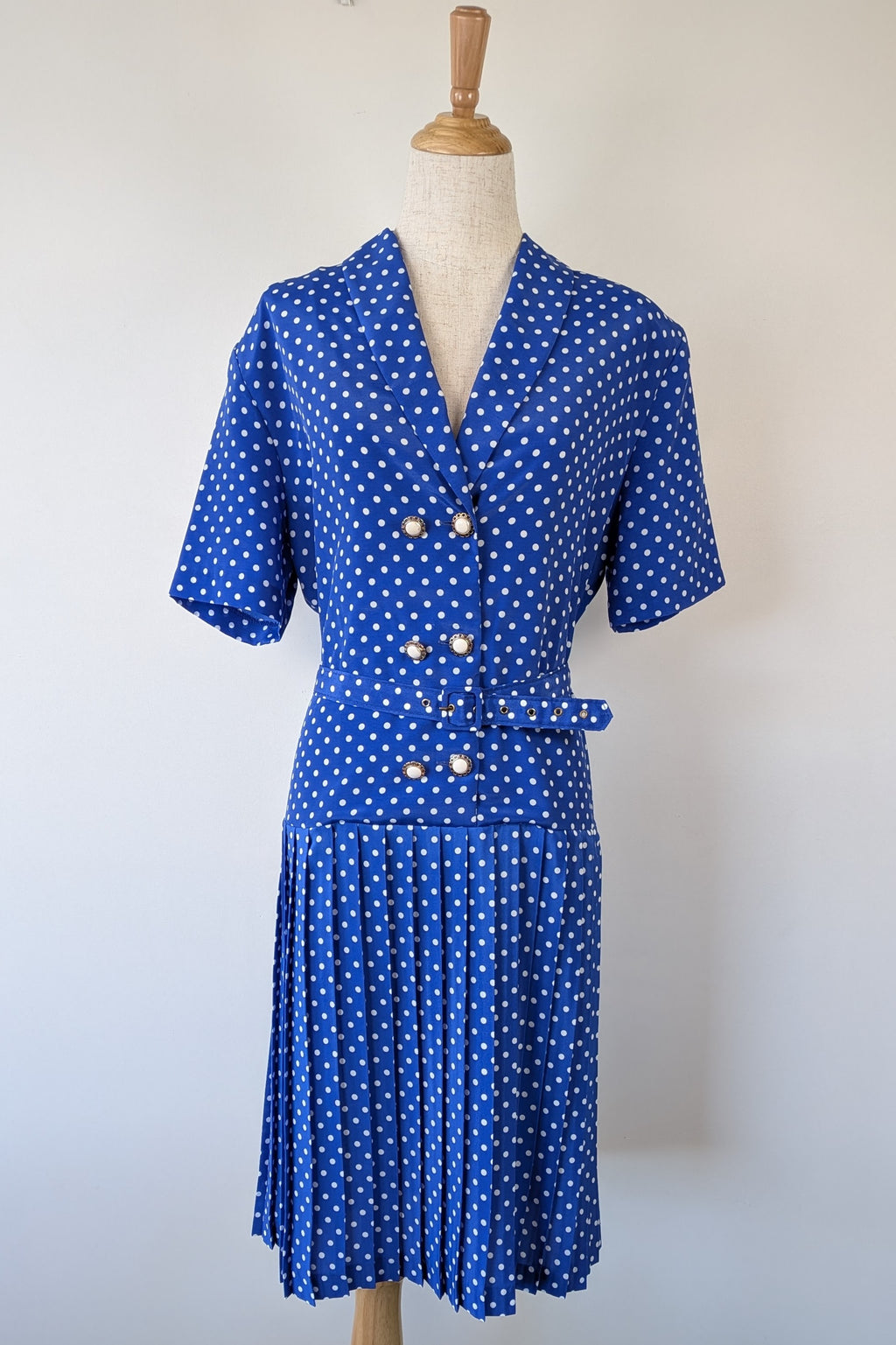 Vintage 80s Today's Classics Blue & White Polka Dot Pleated Tea Dress Size 12