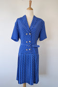 Vintage 80s Today's Classics Blue & White Polka Dot Pleated Tea Dress Size 12