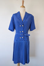 Vintage 80s Today's Classics Blue & White Polka Dot Pleated Tea Dress Size 12