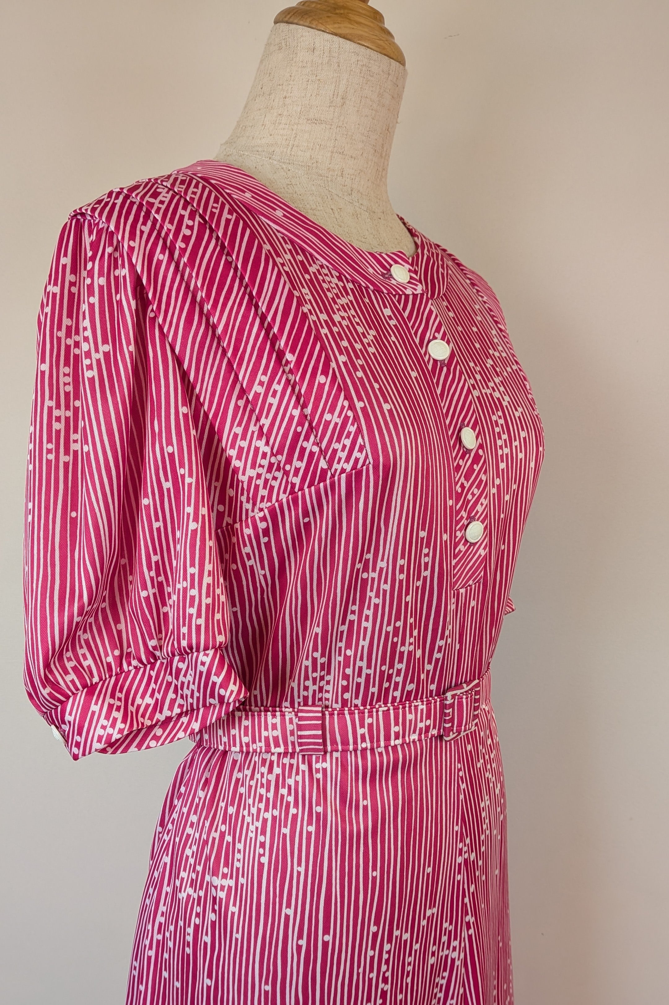 Vintage 80s Debra Fashions Melbourne Pink & White Abstract Pattern Shirtwaister Dress Size 10/12